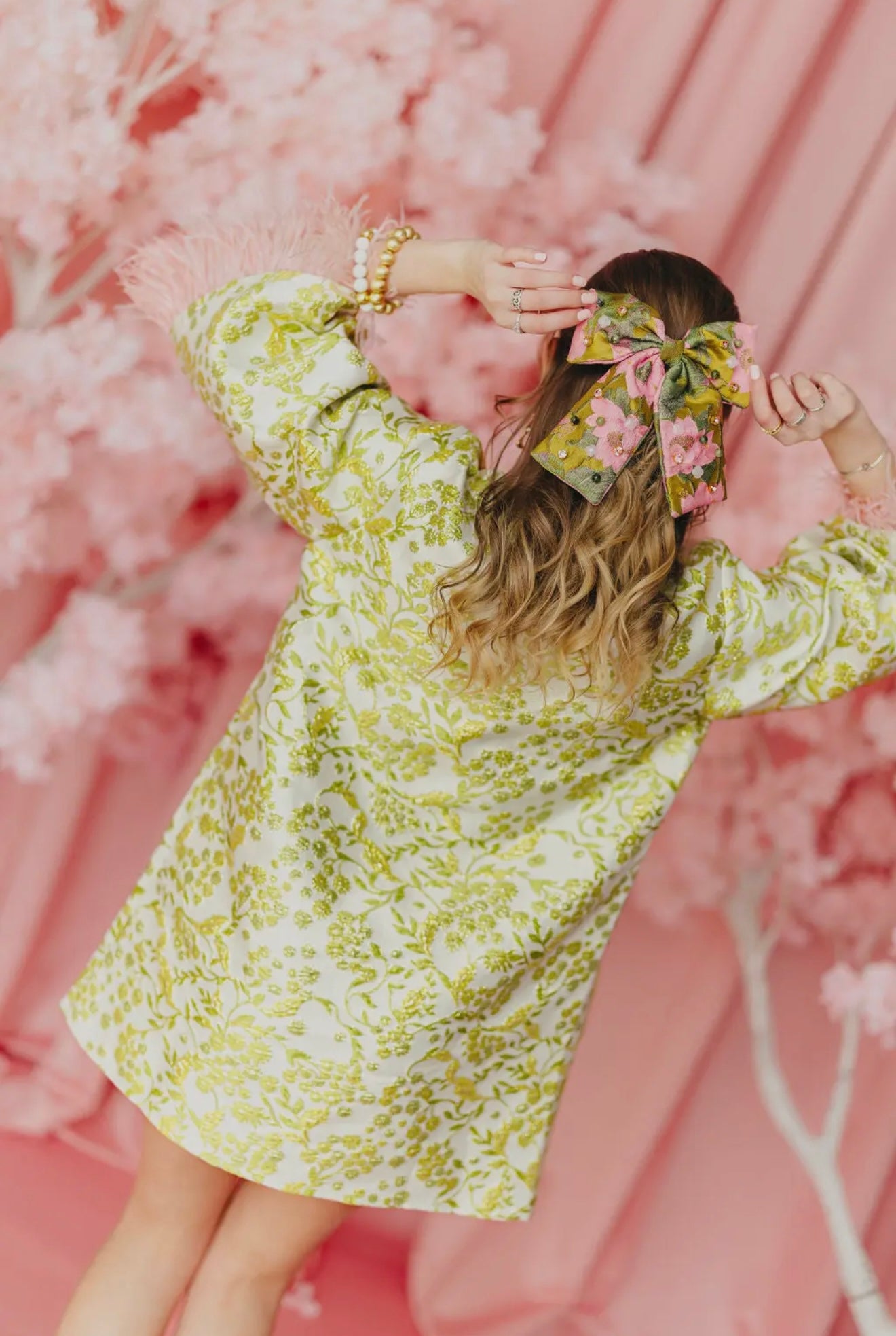 -Brianna Cannon Chartreuse and Blush with Feathers Caftan