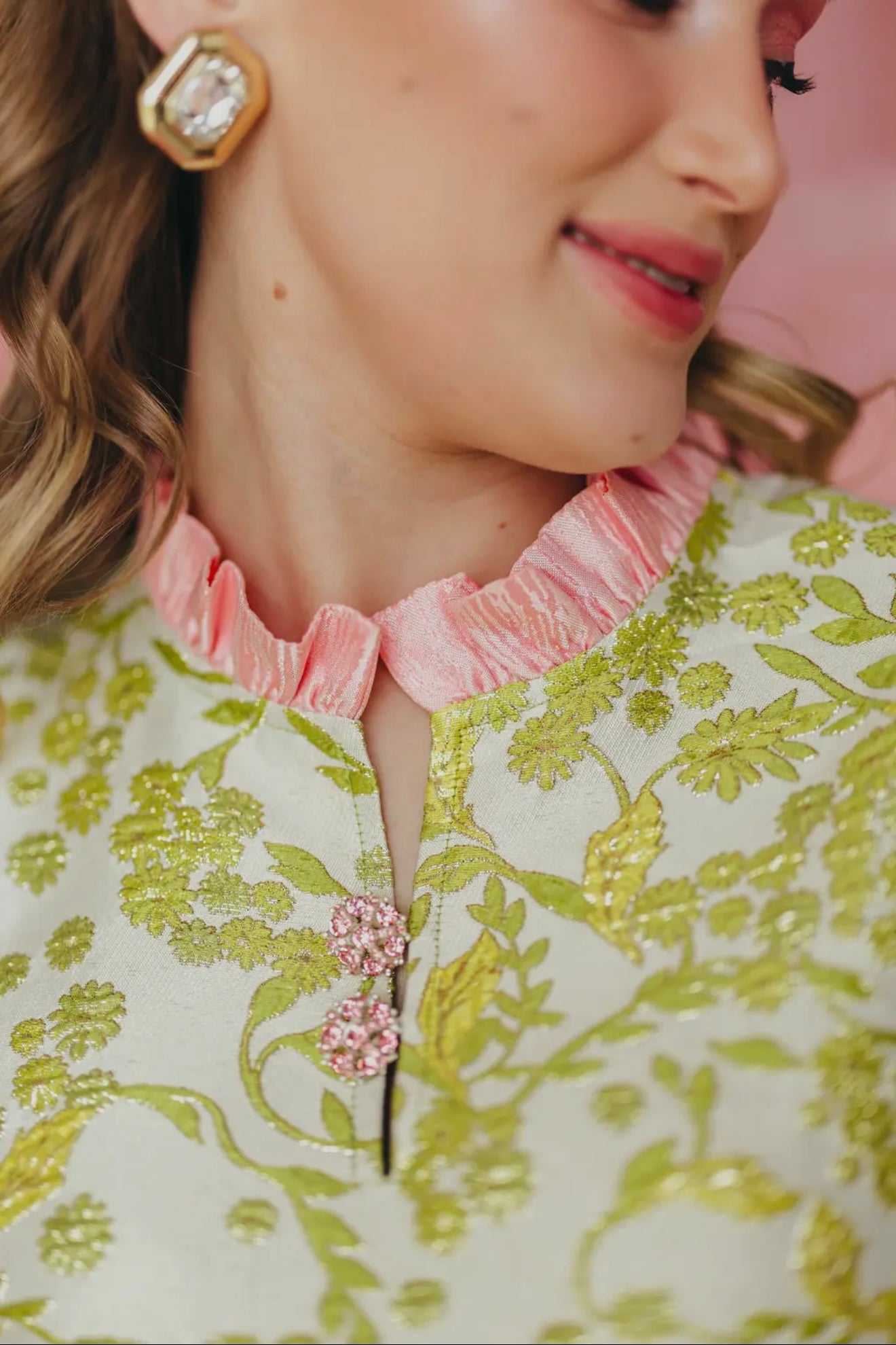 -Brianna Cannon Chartreuse and Blush with Feathers Caftan