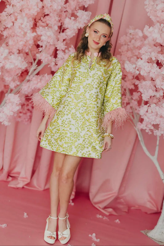 -Brianna Cannon Chartreuse and Blush with Feathers Caftan