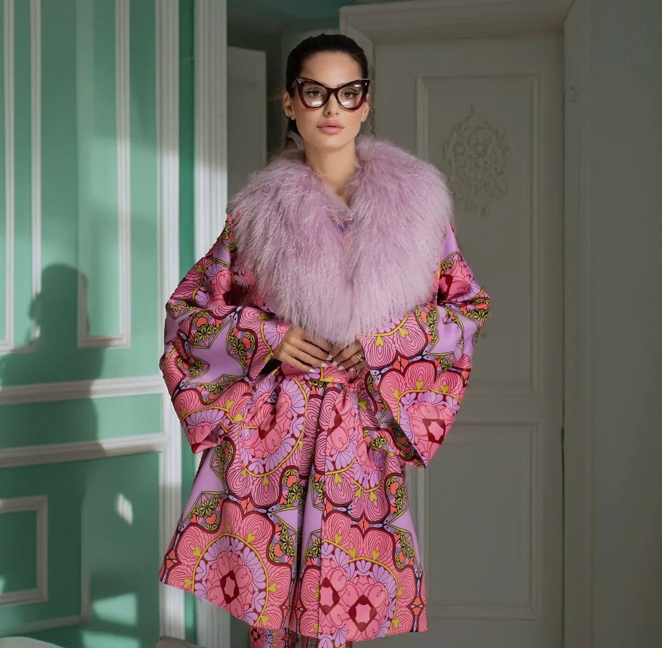 Pink Wool Coat with Sheared Mongolian
Fur Collar- PRE ORDER