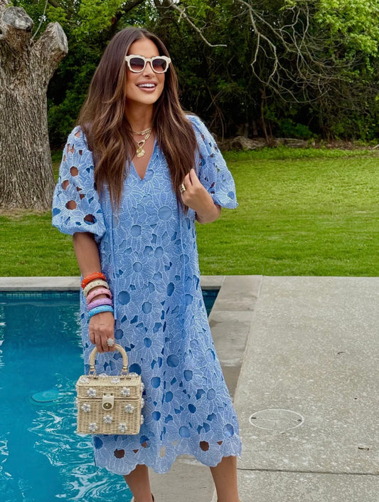 Pamela Poppy Blue Beaded Floral Lace
Maxi Dress