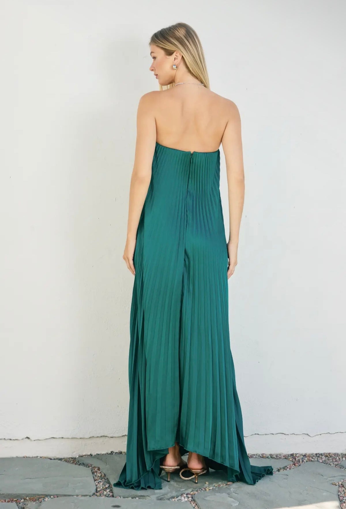 Satin Strapless Pleated Maxi Dress- Emerald