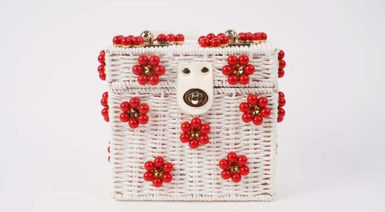 Wicker Bucket Daisy Flower Purse- White Purse+Red Daisy