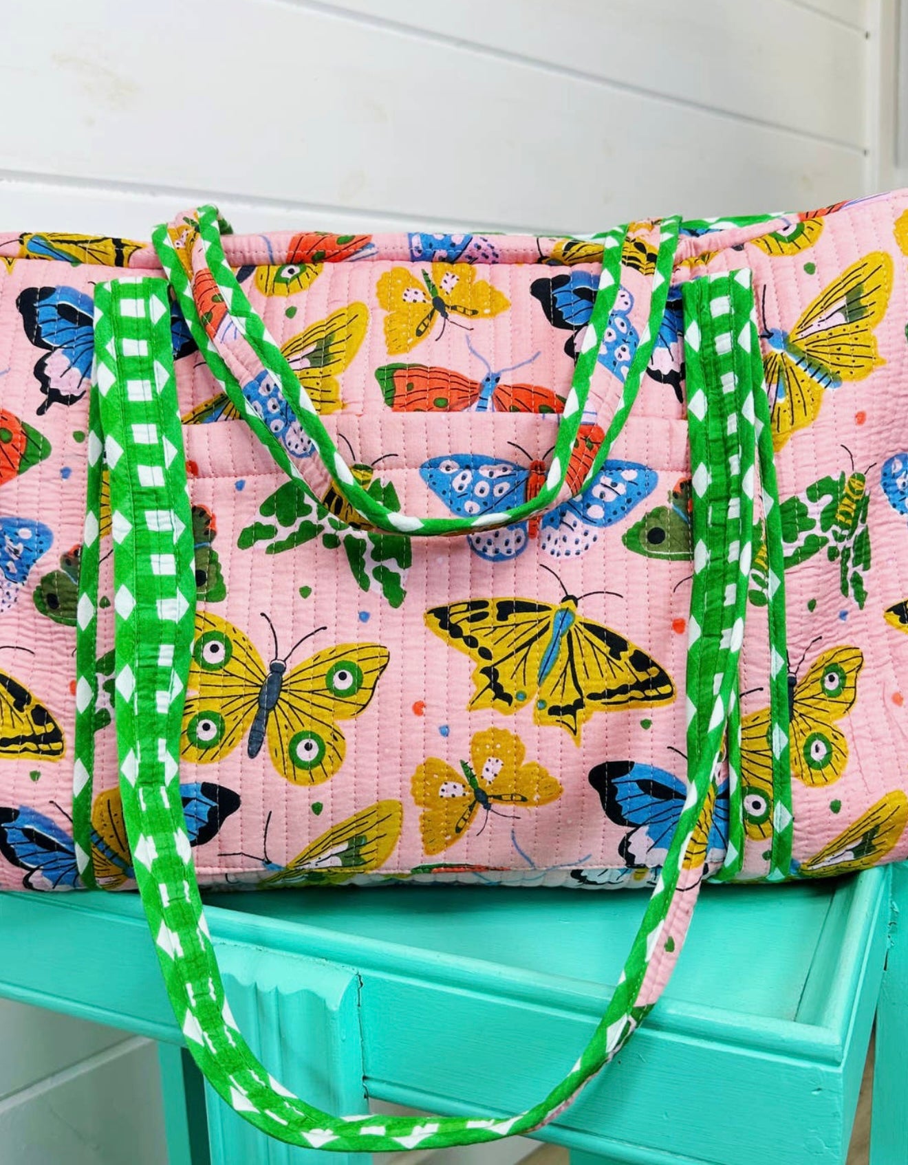 Pink Butterfly Quilted Tote Duffle Bag