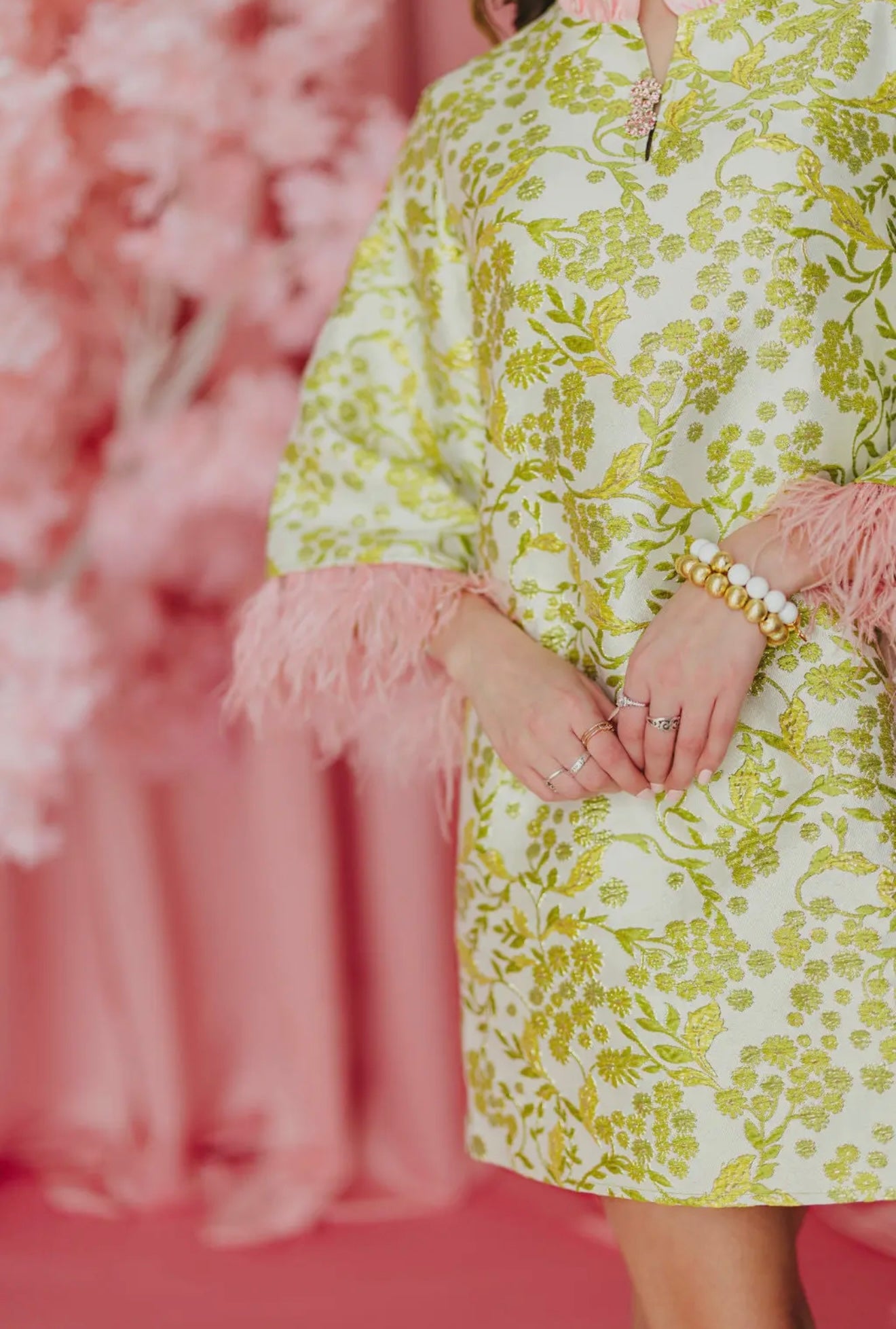 -Brianna Cannon Chartreuse and Blush with Feathers Caftan