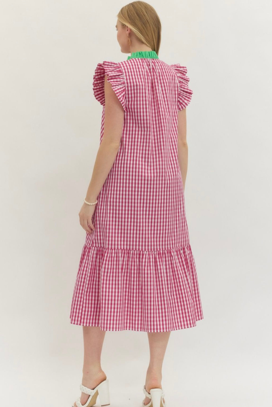 Hot Pink and Green Gingham Midi Dress