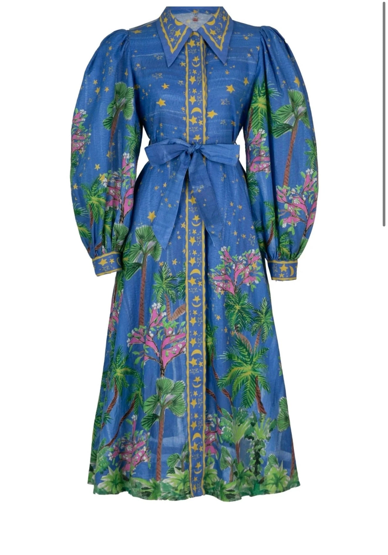 Vintage-style blue floral dress with puffy sleeves and a tied waist, featuring palm trees and stars.
