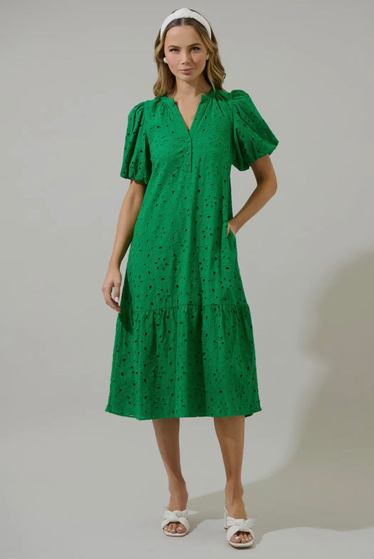 Villa Nova Eyelet Midi Dress- Green