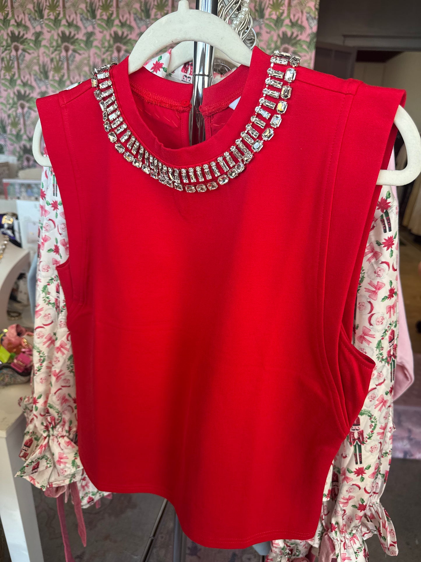 Embellishment Trim Knit Top- Red