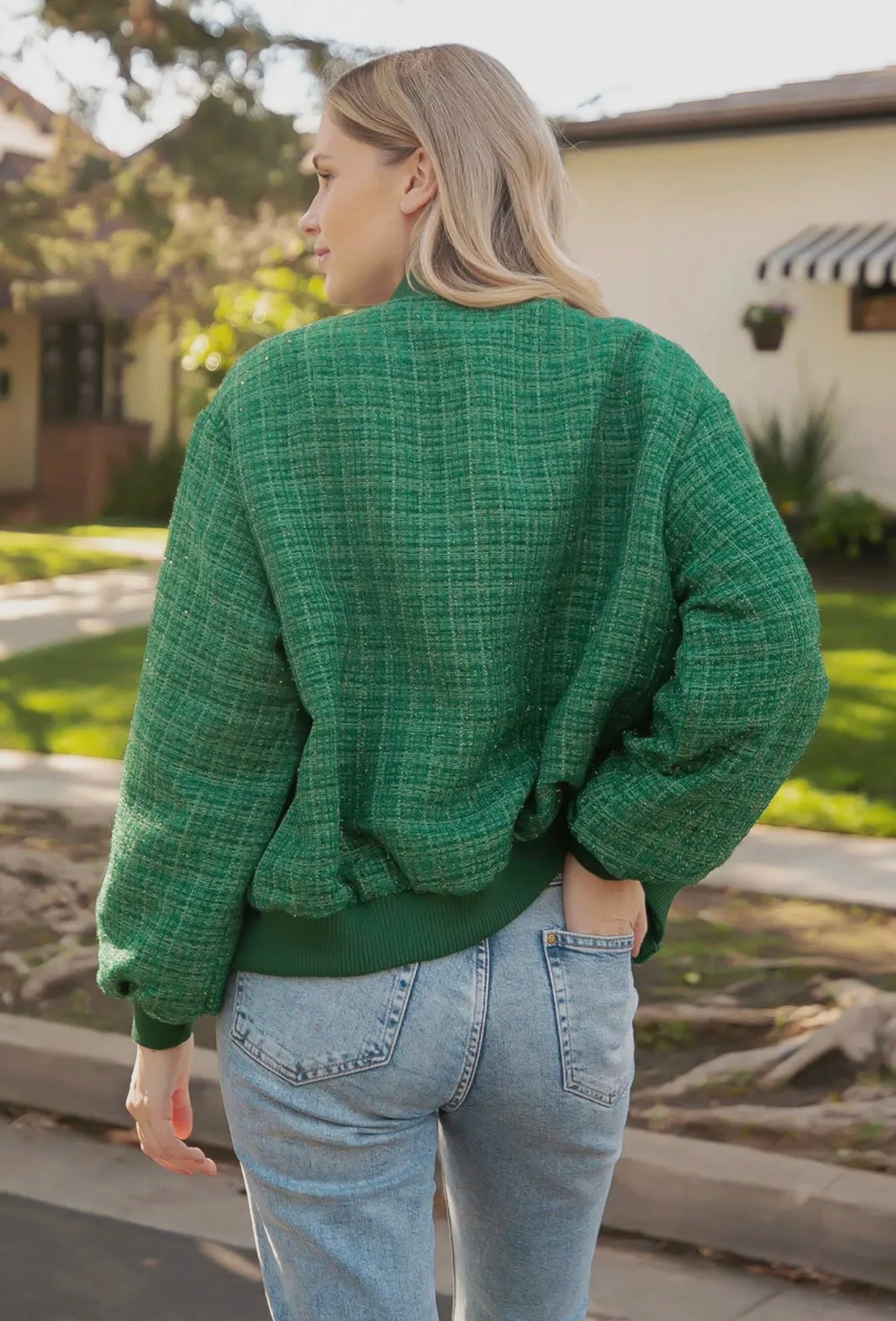 Green Metallic Tweed Bomber Jacket