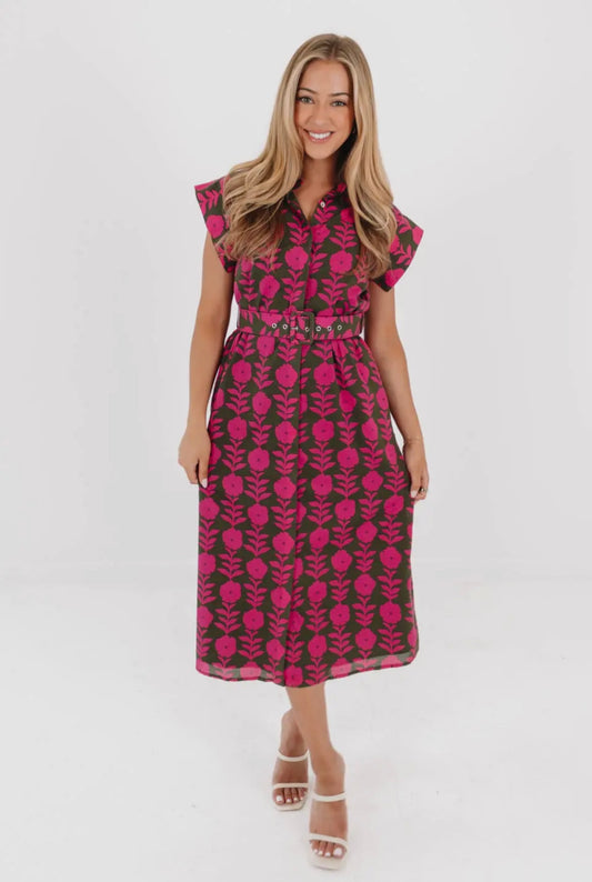 Kenna Belted Button Up Midi Dress