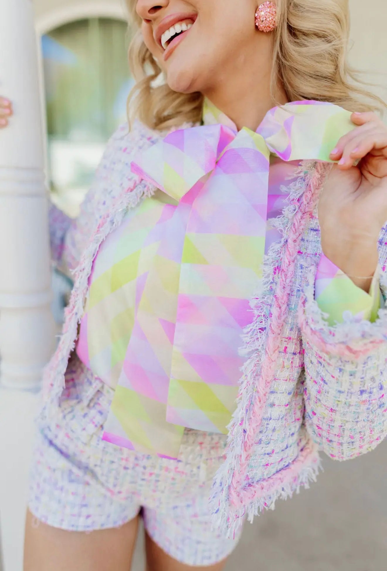 Pastel Geometric Button Down Blouse with Bow