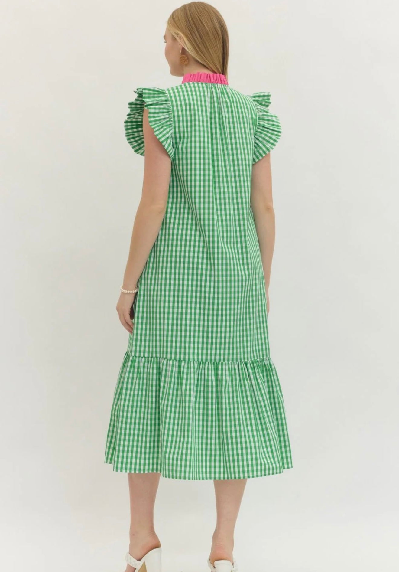 Green and Pink Gingham Midi Dress