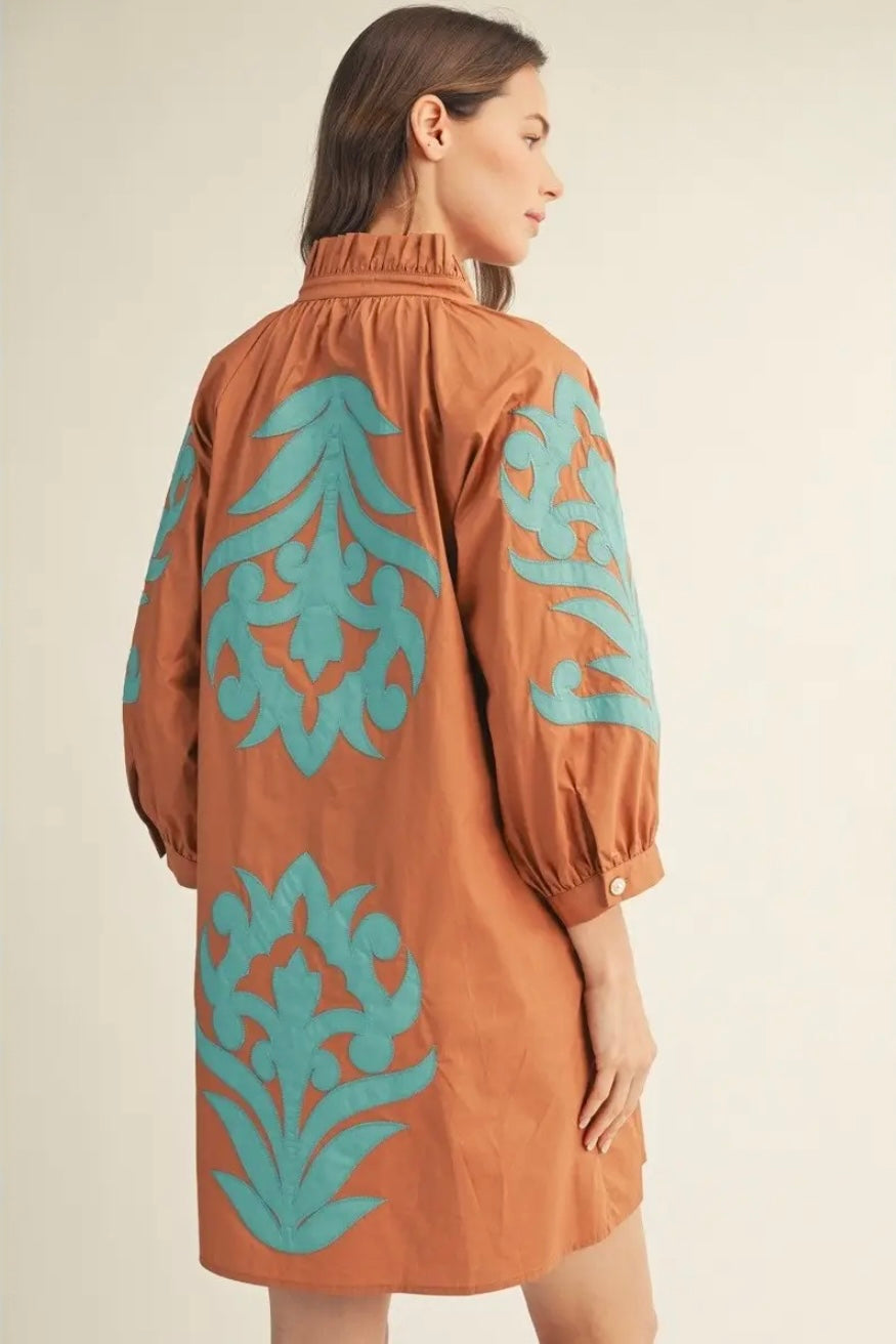 Embroidered Baroque Dress- Toffee/Turquoise