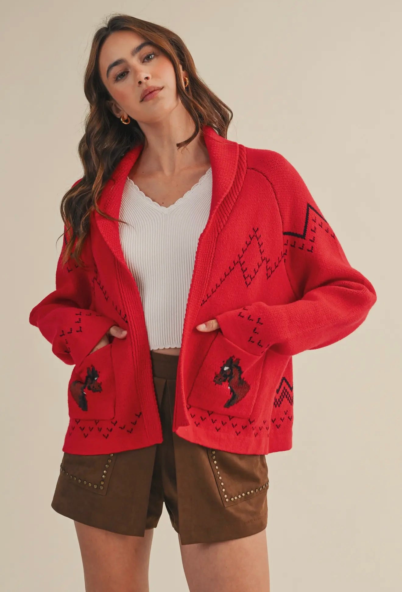 Red Horse Knit Sweater Cardigan