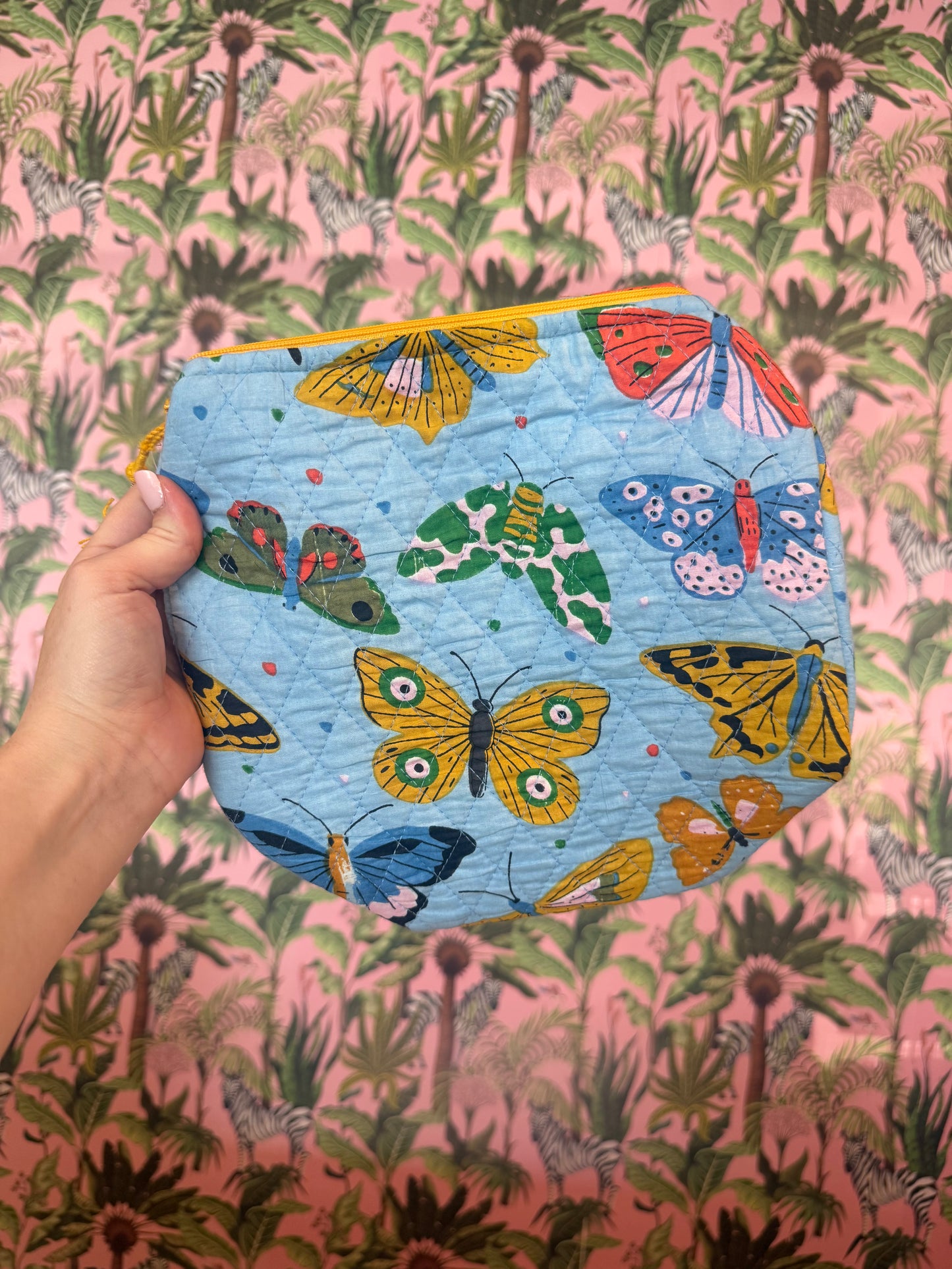 Blue Butterfly Quilted Makeup Bag | Cosmetic Toiletry Bag