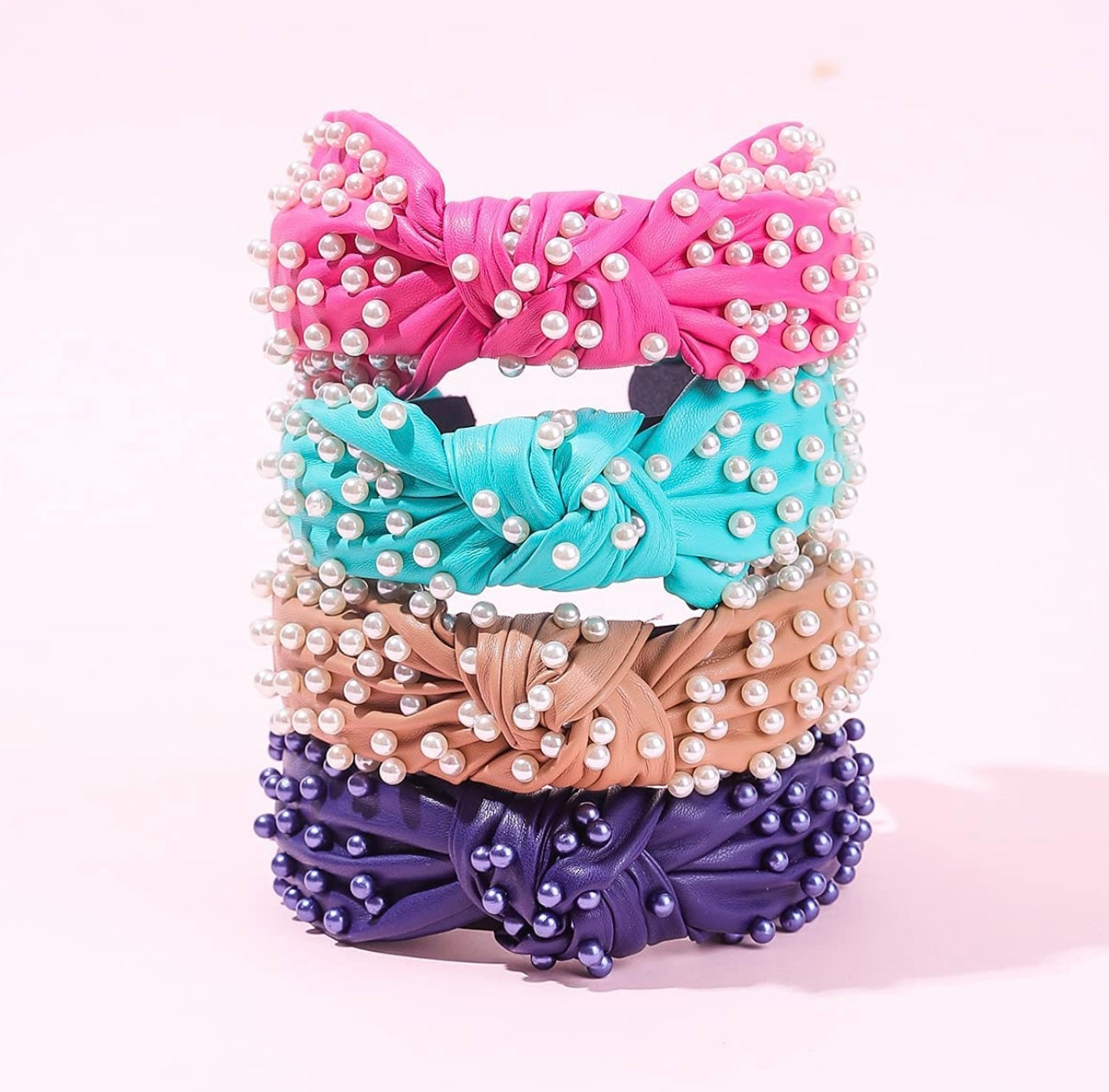 Pink Faux Leather Pearl Headband