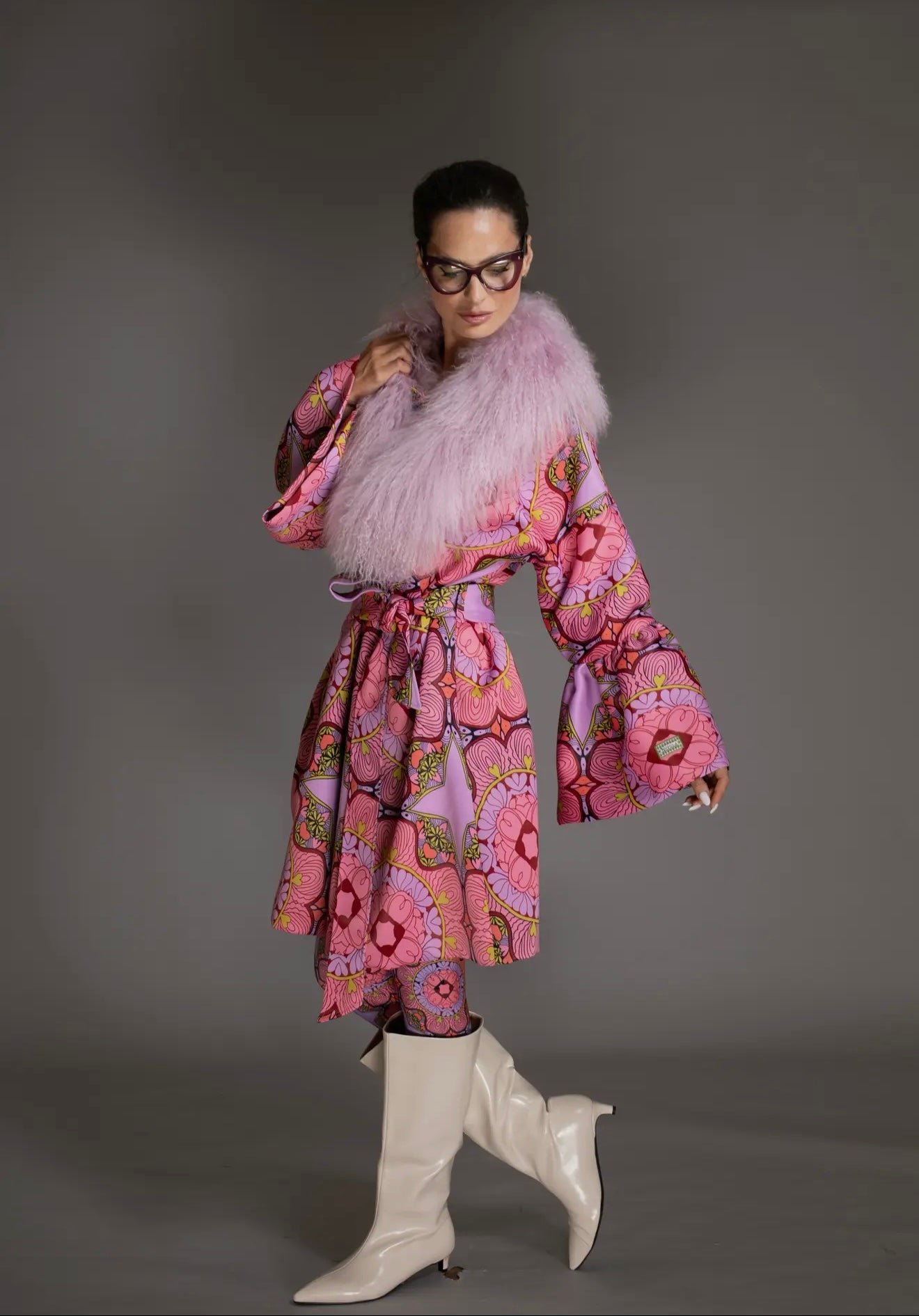 Pink Wool Coat with Sheared Mongolian
Fur Collar- PRE ORDER