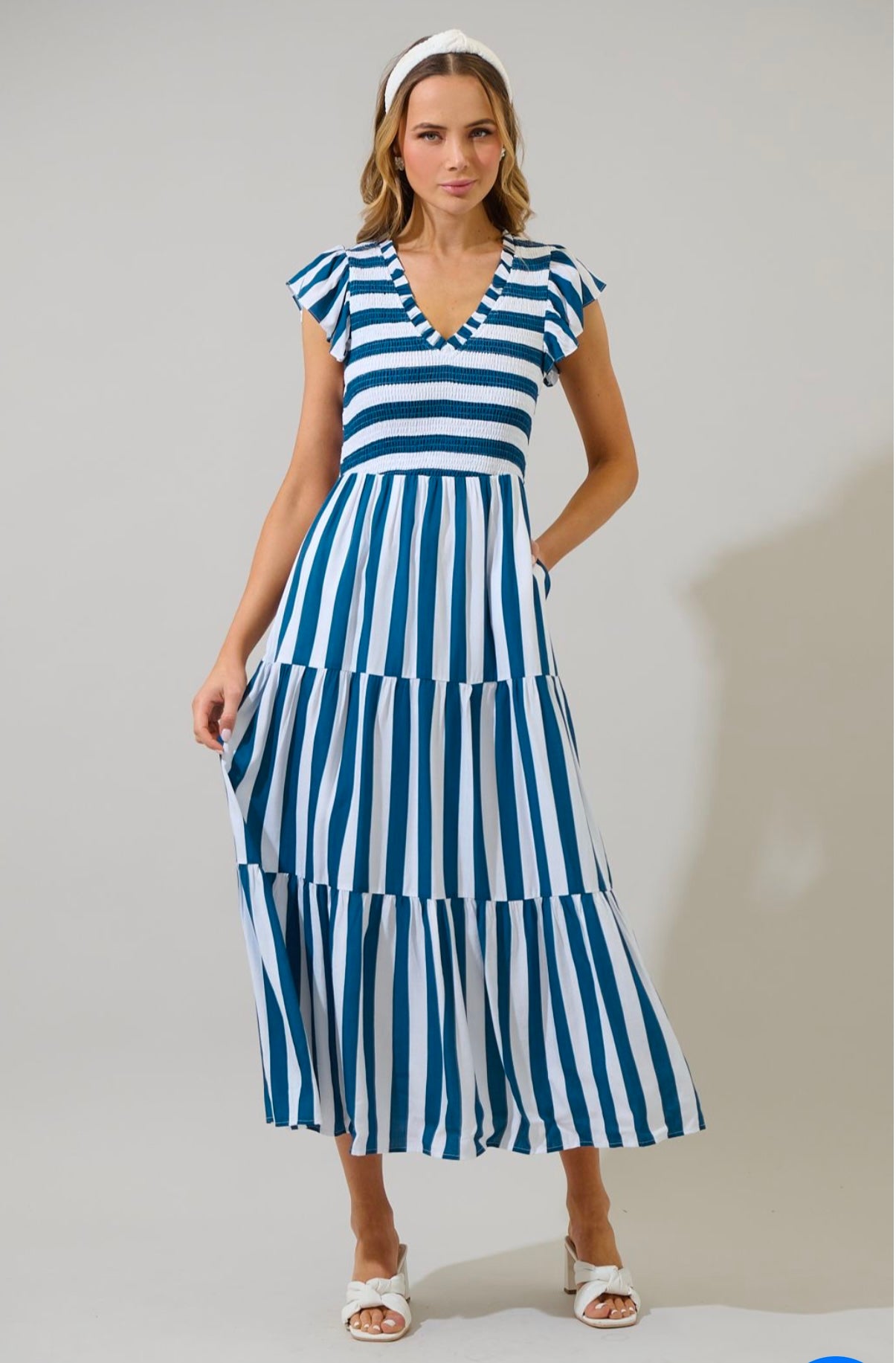 Emerly Striped Sunfire Tiered Midi Dress