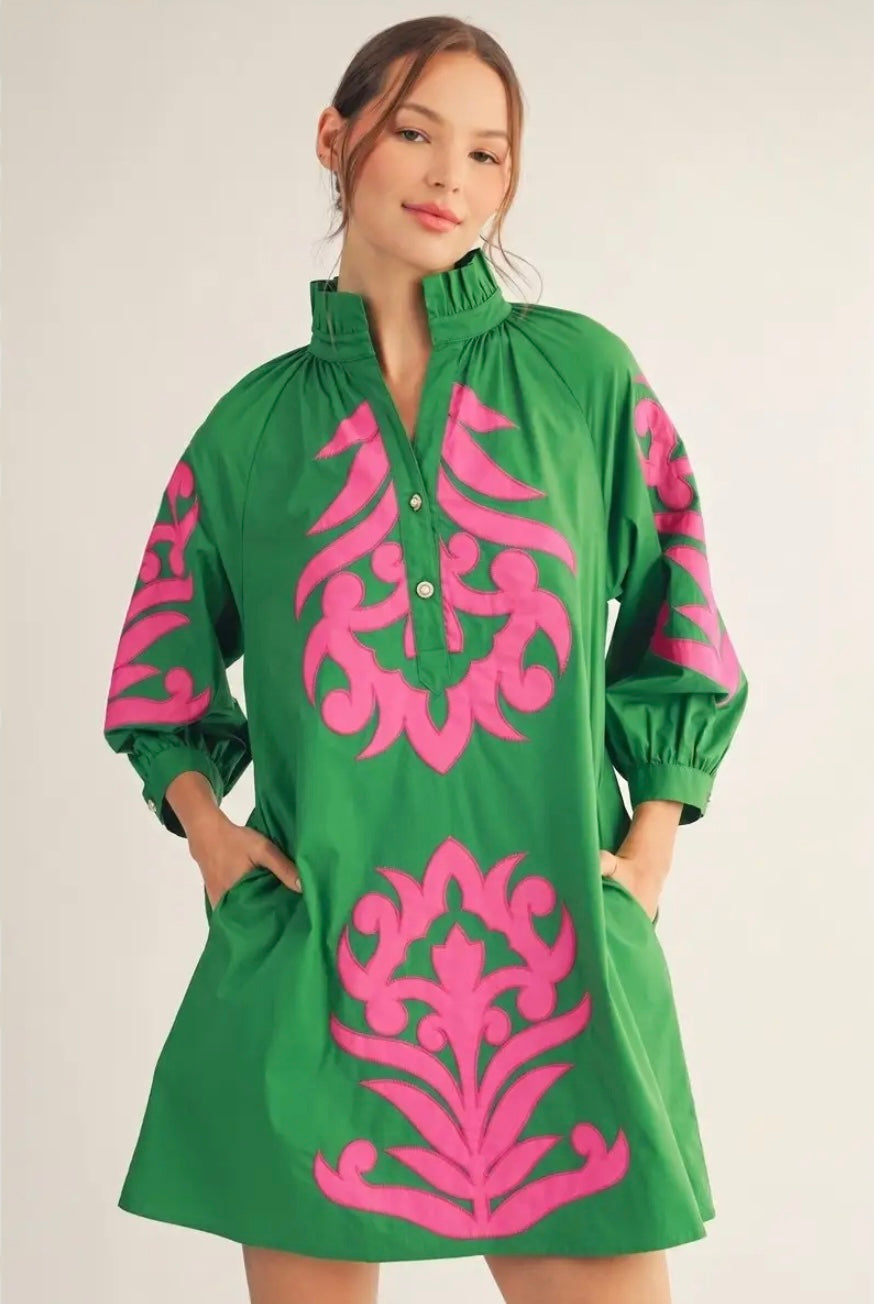 Embroidered Baroque Dress- Rose/Green