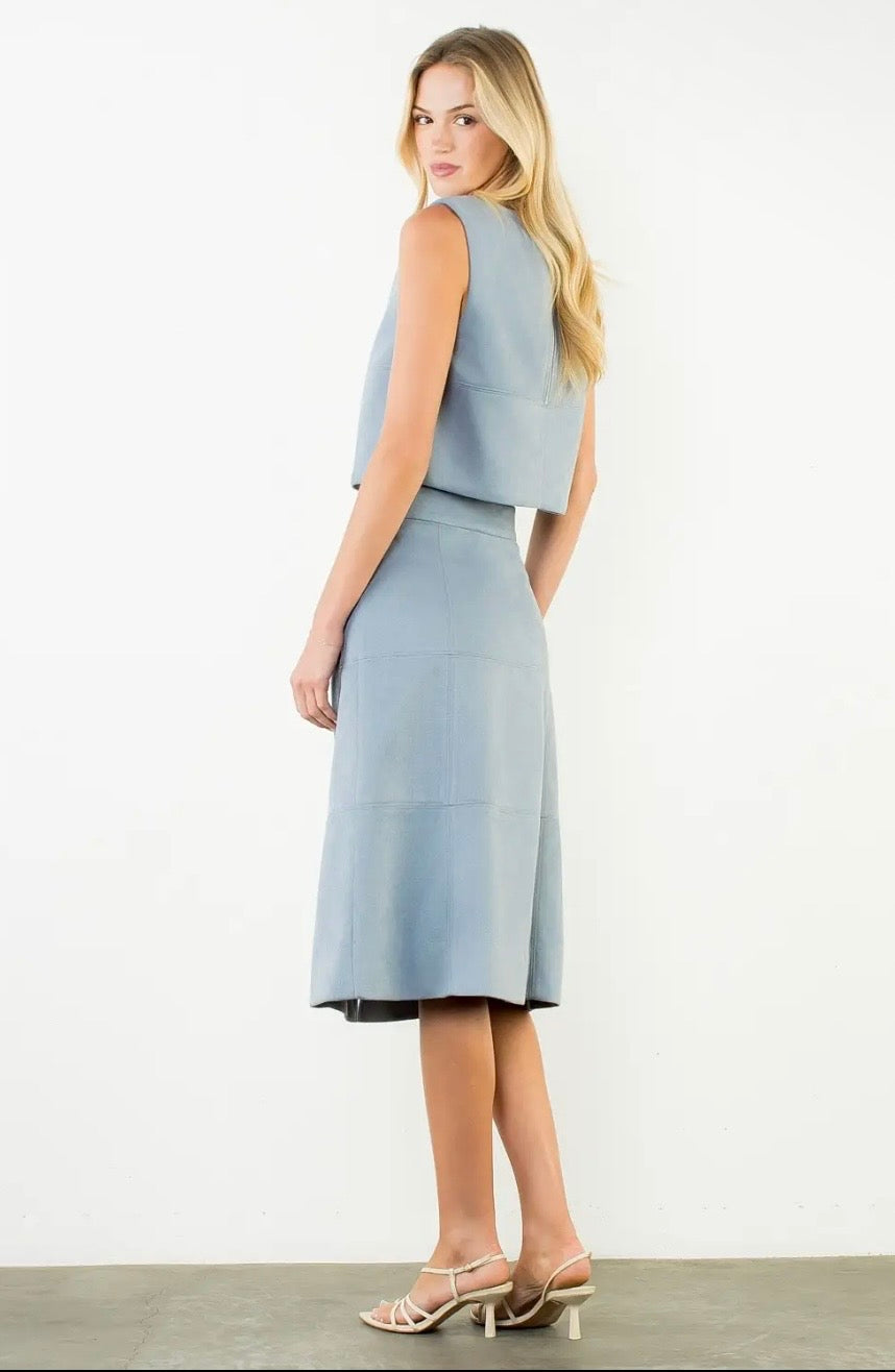 Ice Blue Suede Midi Skirt Set