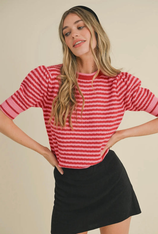 Sarah Striped Knit Top- Pink/Red