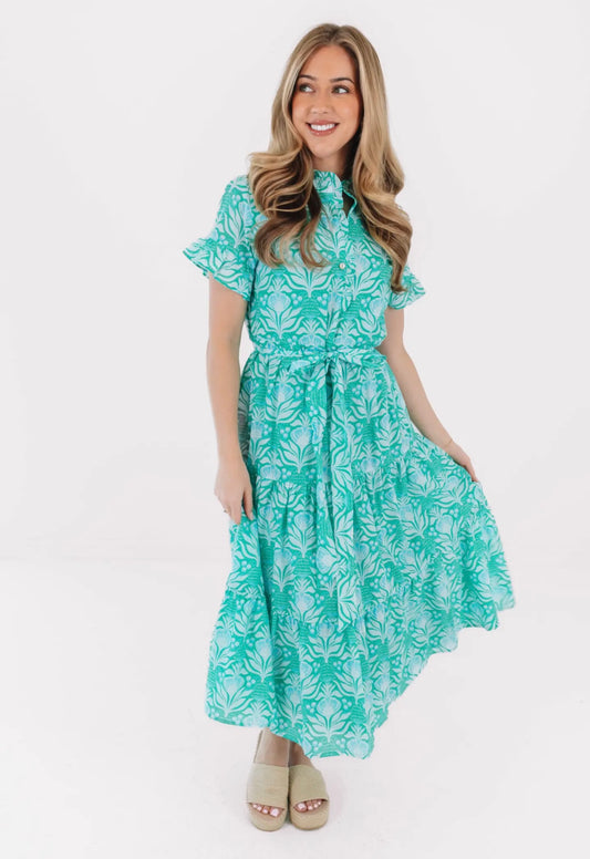 The Mayci Button Up Midi Dress - Turquoise Floral