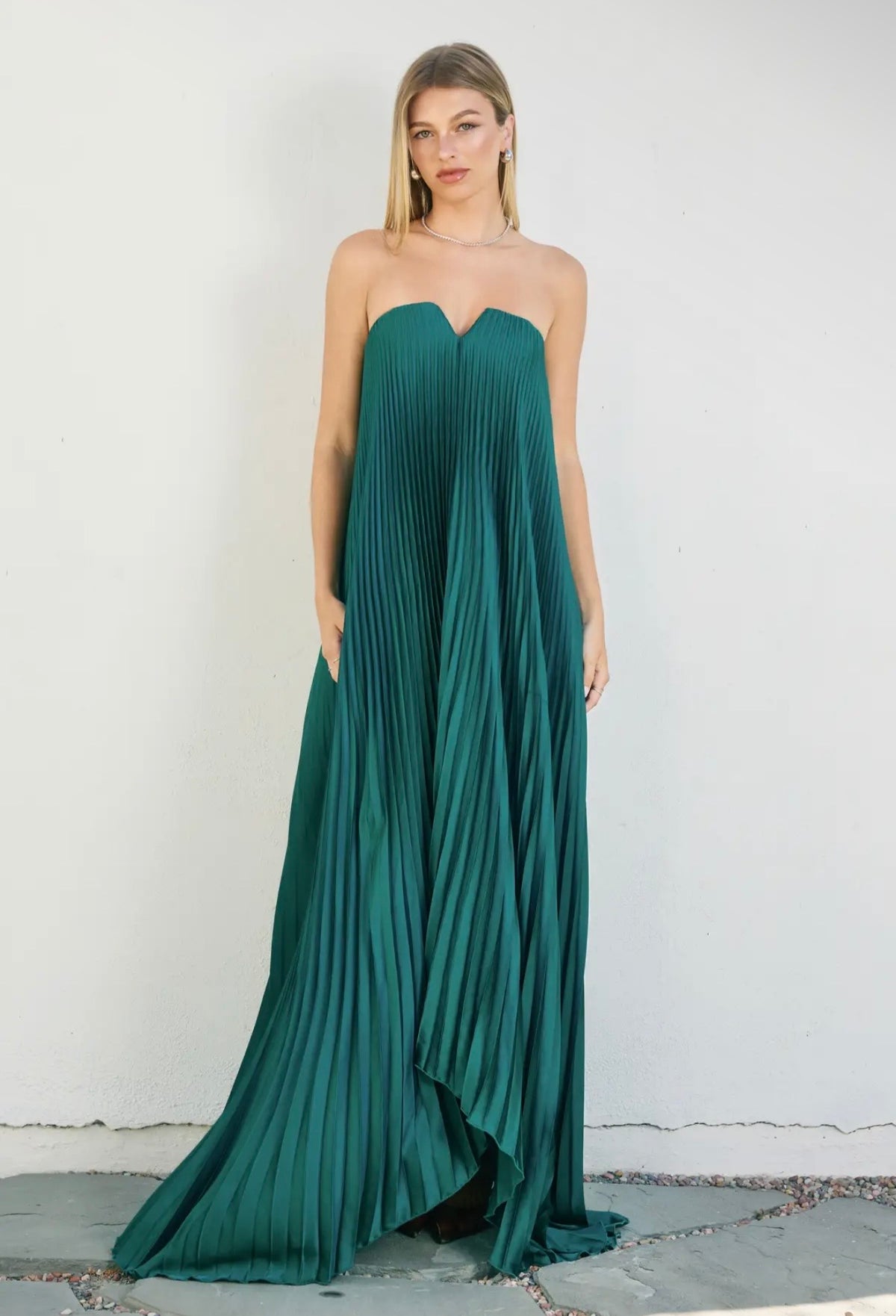 Satin Strapless Pleated Maxi Dress- Emerald