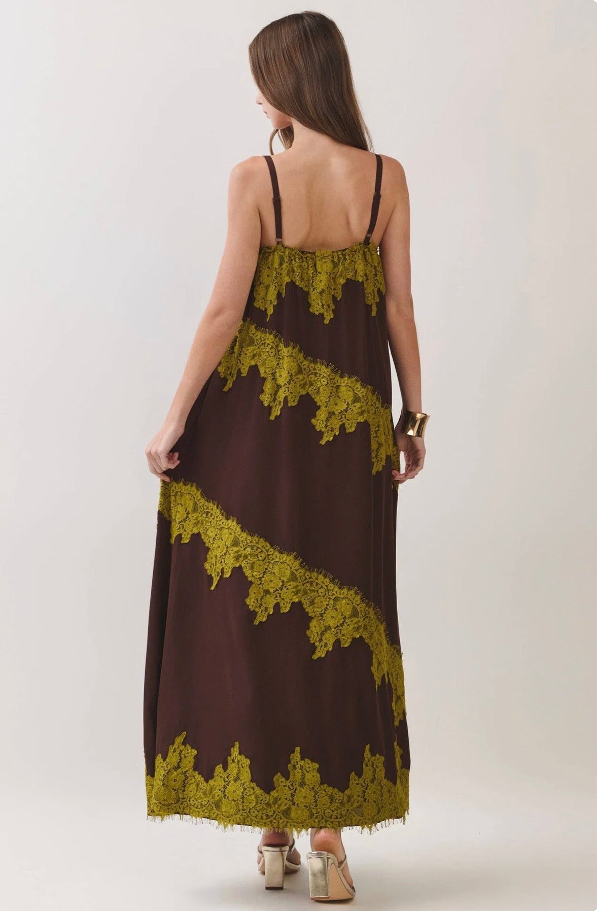 Lace Contrast Maxi Dress- Chocolate
