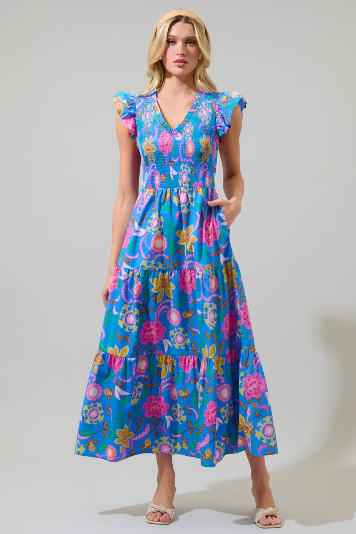 Faro Floral Sunfire Tiered Midi
Dress