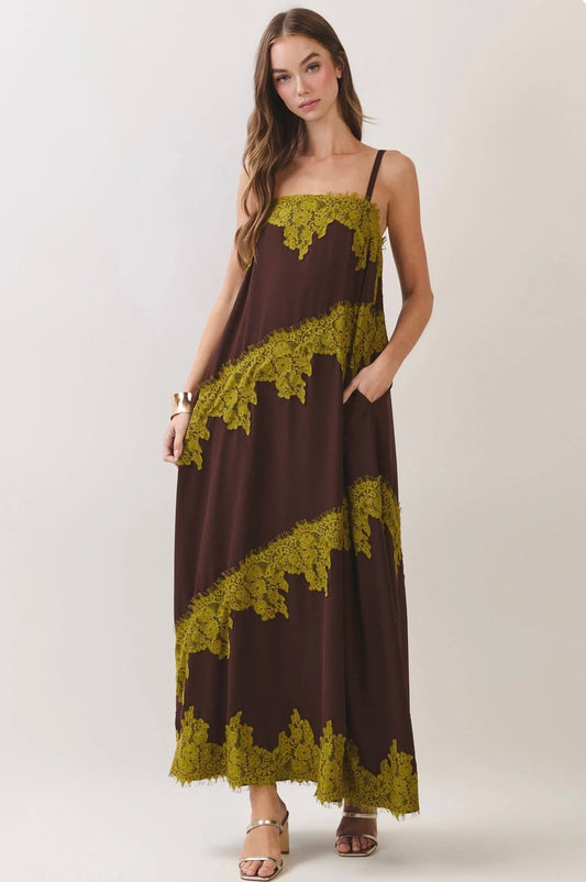 Lace Contrast Maxi Dress- Chocolate