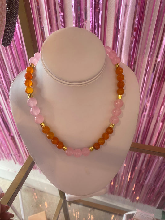 Pink and Orange Gemstone Beaded Nevklace