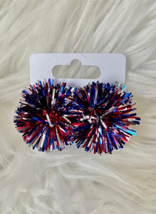 Pom Pom Earrings- Red/Blue/Silver