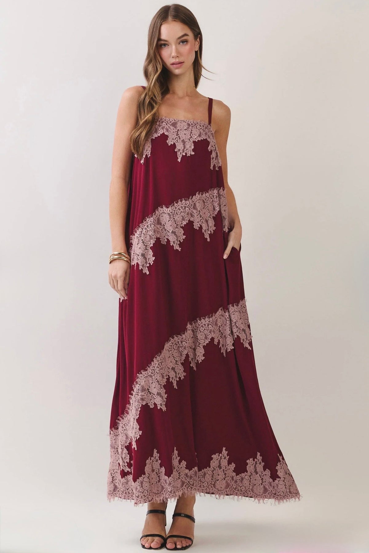 Lace Contrast Maxi Dress- Mauve