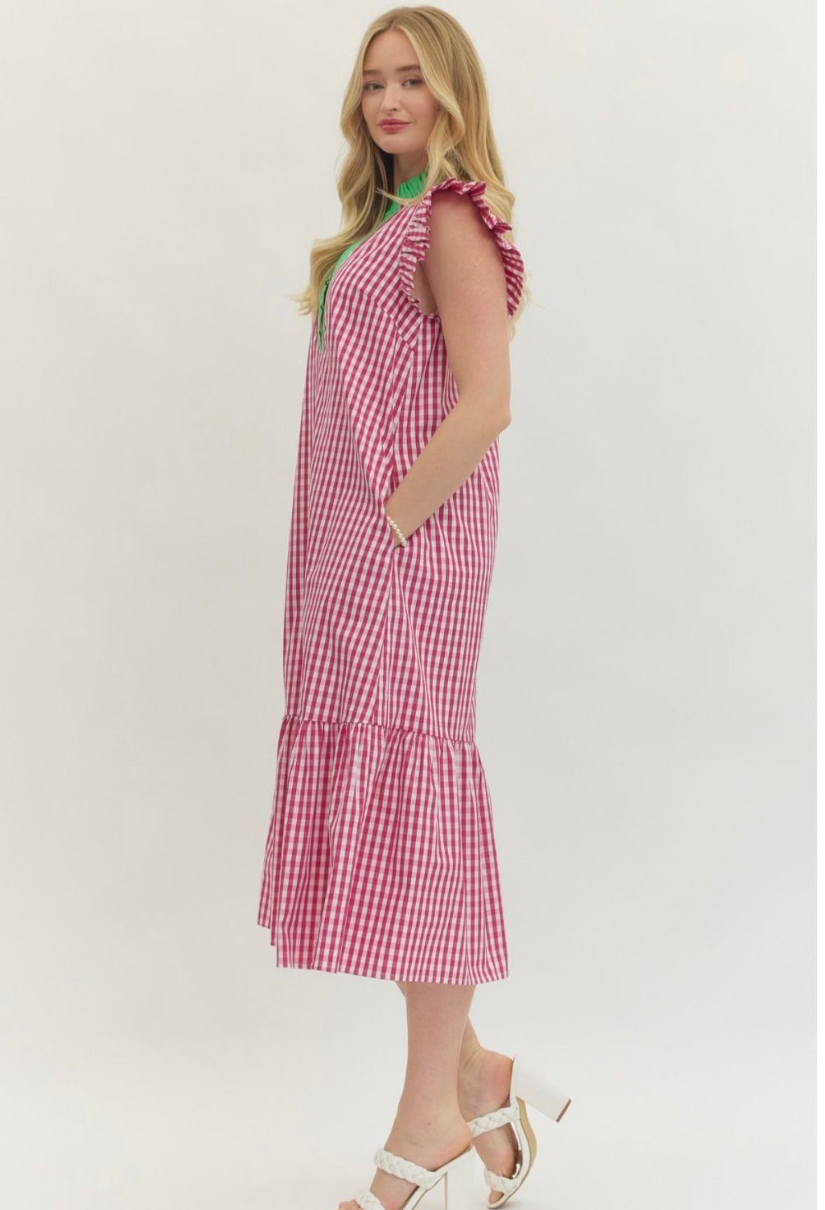Hot Pink and Green Gingham Midi Dress