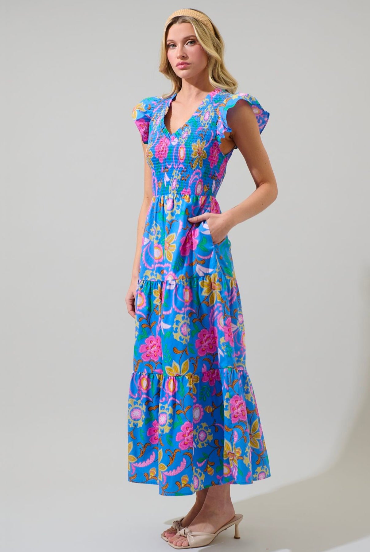 Faro Floral Sunfire Tiered Midi
Dress