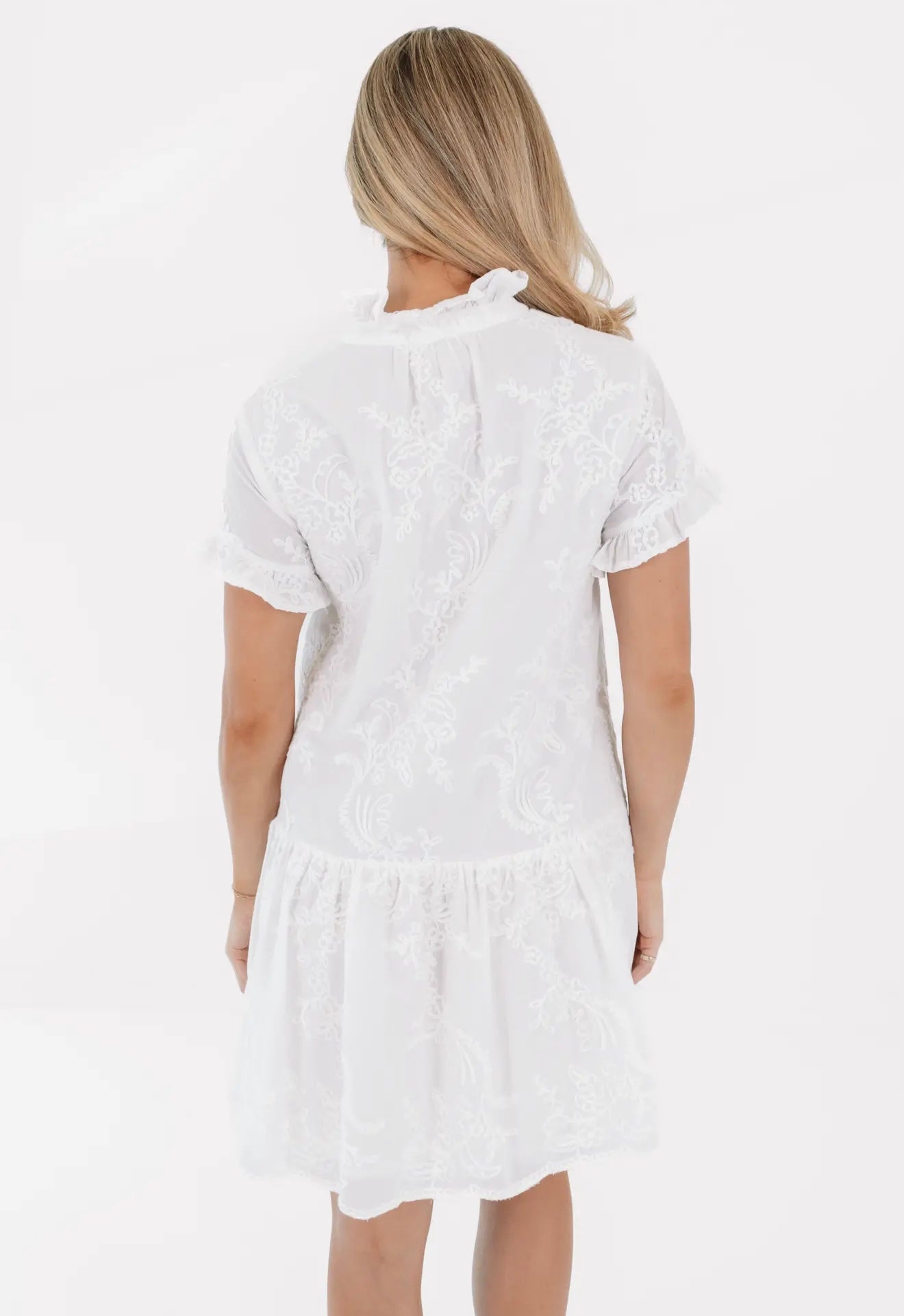 The Bailee Button Up Dress - White
Ruffle Embroidery