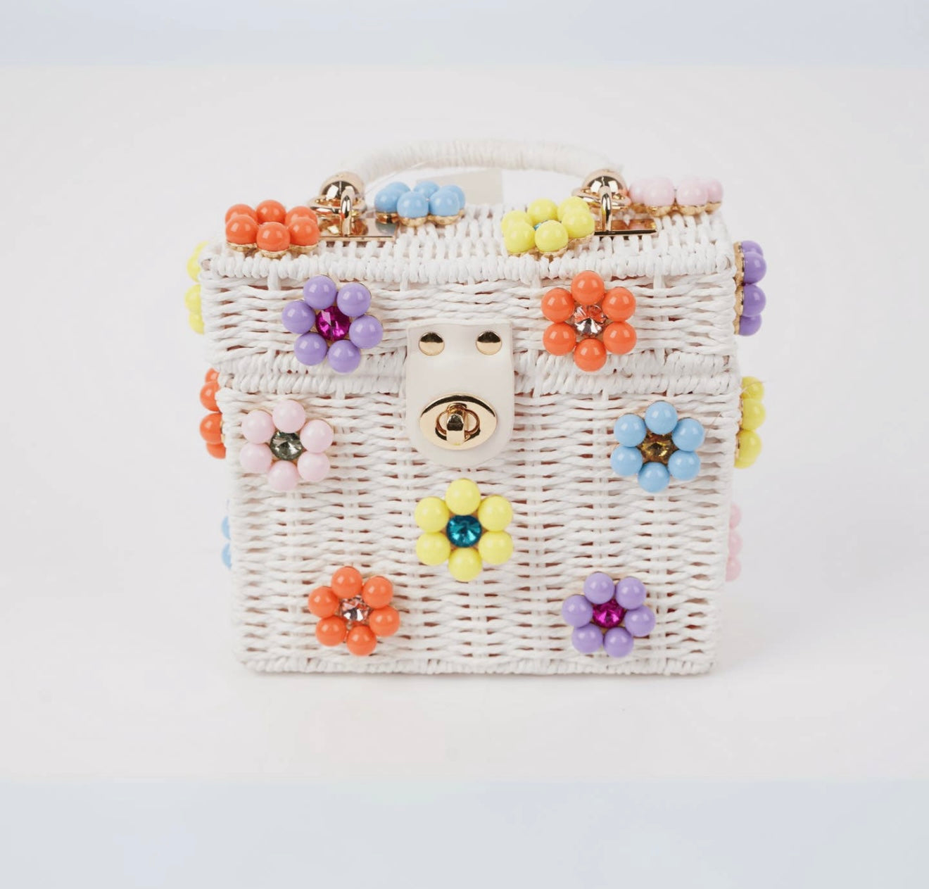 Wicker Bucket Daisy Flower Purse- White+Multi Color Daisy