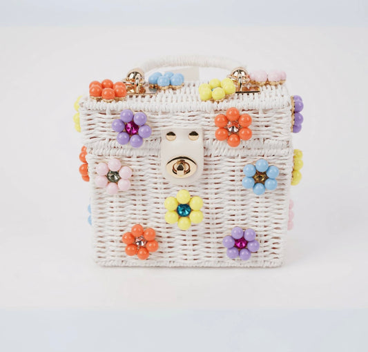 Wicker Bucket Daisy Flower Purse- White+Multi Color Daisy