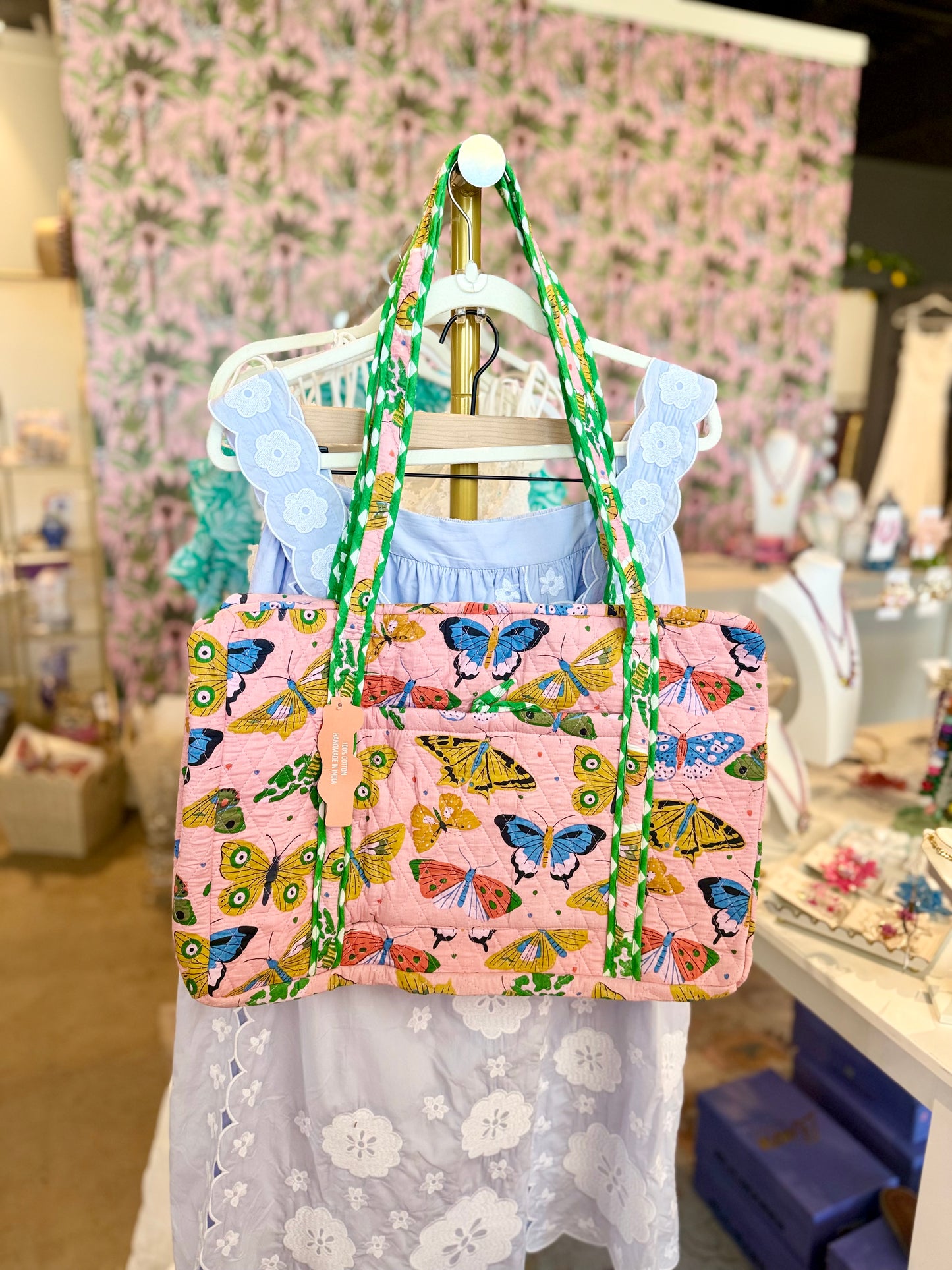 Pink Butterfly Quilted Tote Duffle Bag