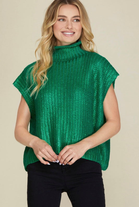 Metallic Foiled Sweater Top- Emerald