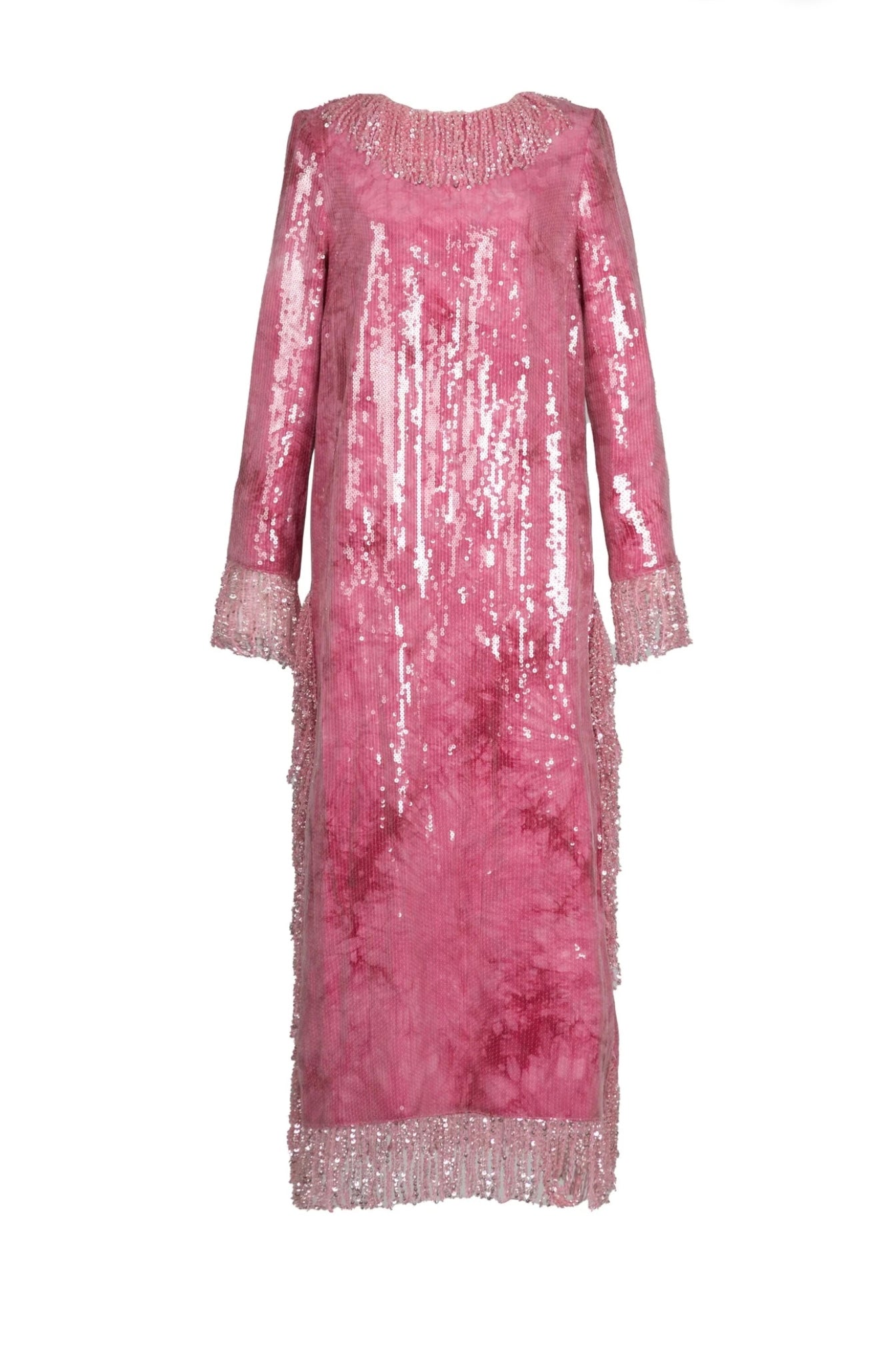 Elegant pink sequined dress with fringed hem and long sleeves, perfect for special occasions.