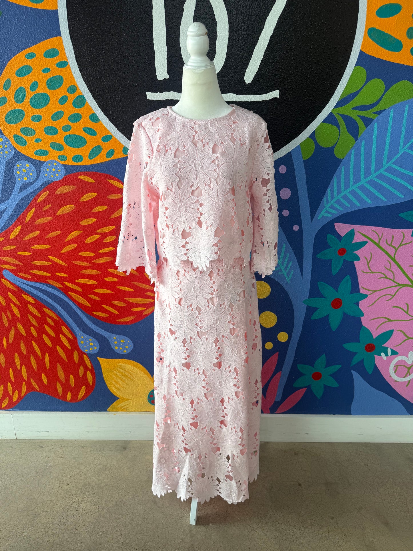 Pink Floral Lace Skirt Set