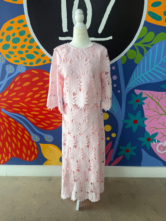 Pink Floral Lace Skirt Set