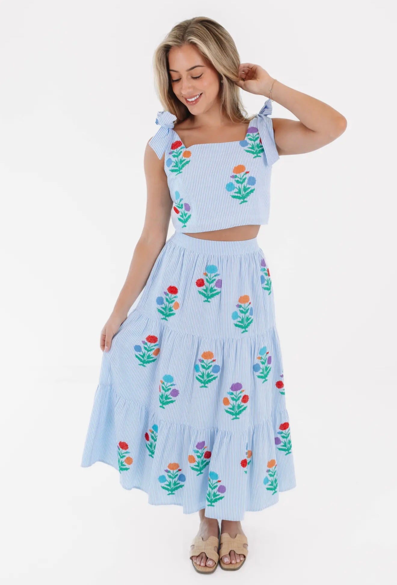 The Samson Midi Skirt Set - Blue & White
Stripe Embroidery