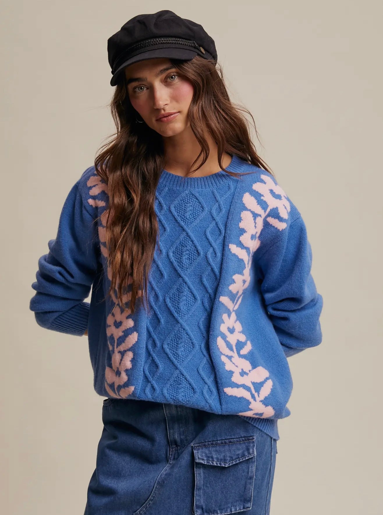 Floral Panel Cable Knit Sweater