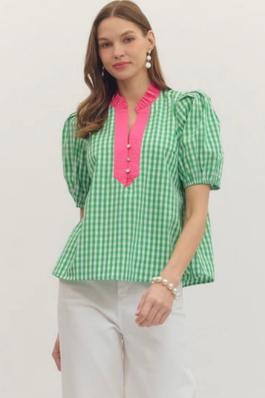 Green and Pink Gingham Top