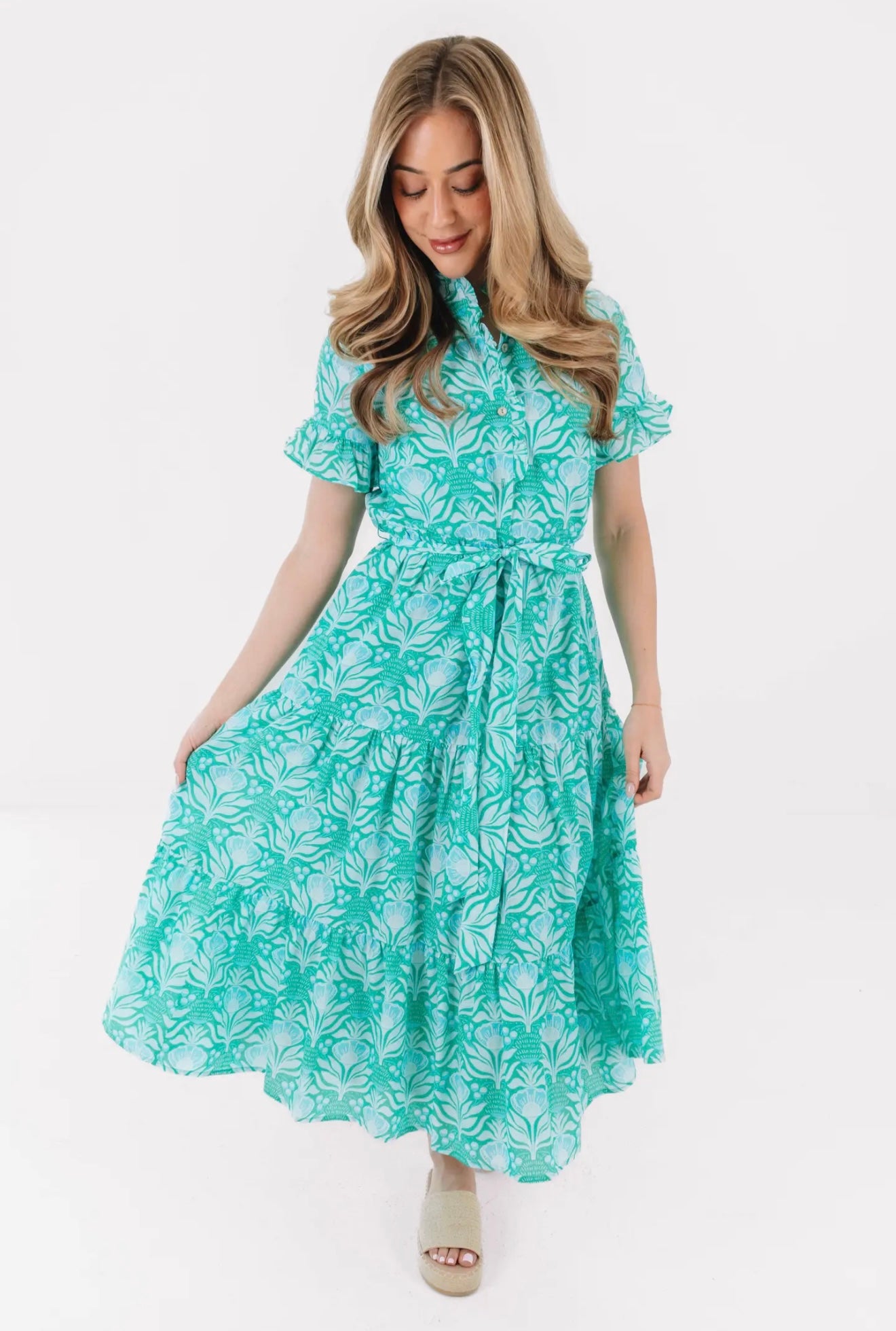 The Mayci Button Up Midi Dress - Turquoise Floral