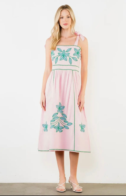 Embroidered Tie Strap Midi Dress
