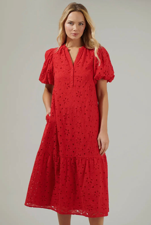 Villa Nova Eyelet Midi Dress- Red